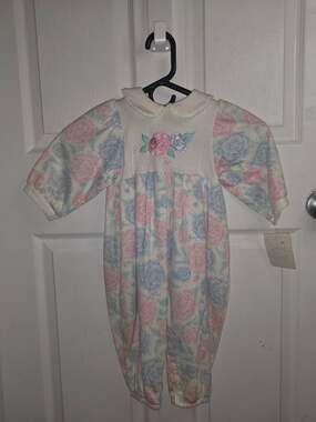 Vtg Baby Dior Pink Bubble Romper Embroidered 18m Floral Pastel Cottagecore